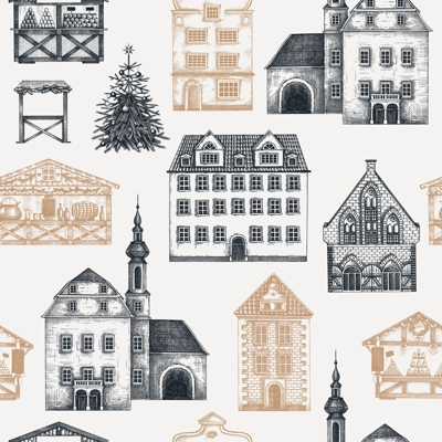 Christmas background. Architecture sketch. Vintage building seamless pattern. European house hand-drawn vector illustration. NOT AI generated